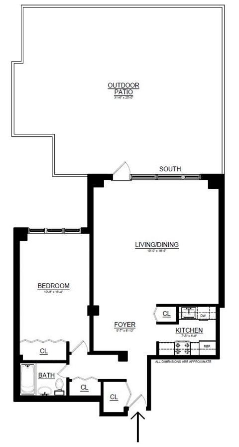 Floor plan for 1 bed, 1 bath